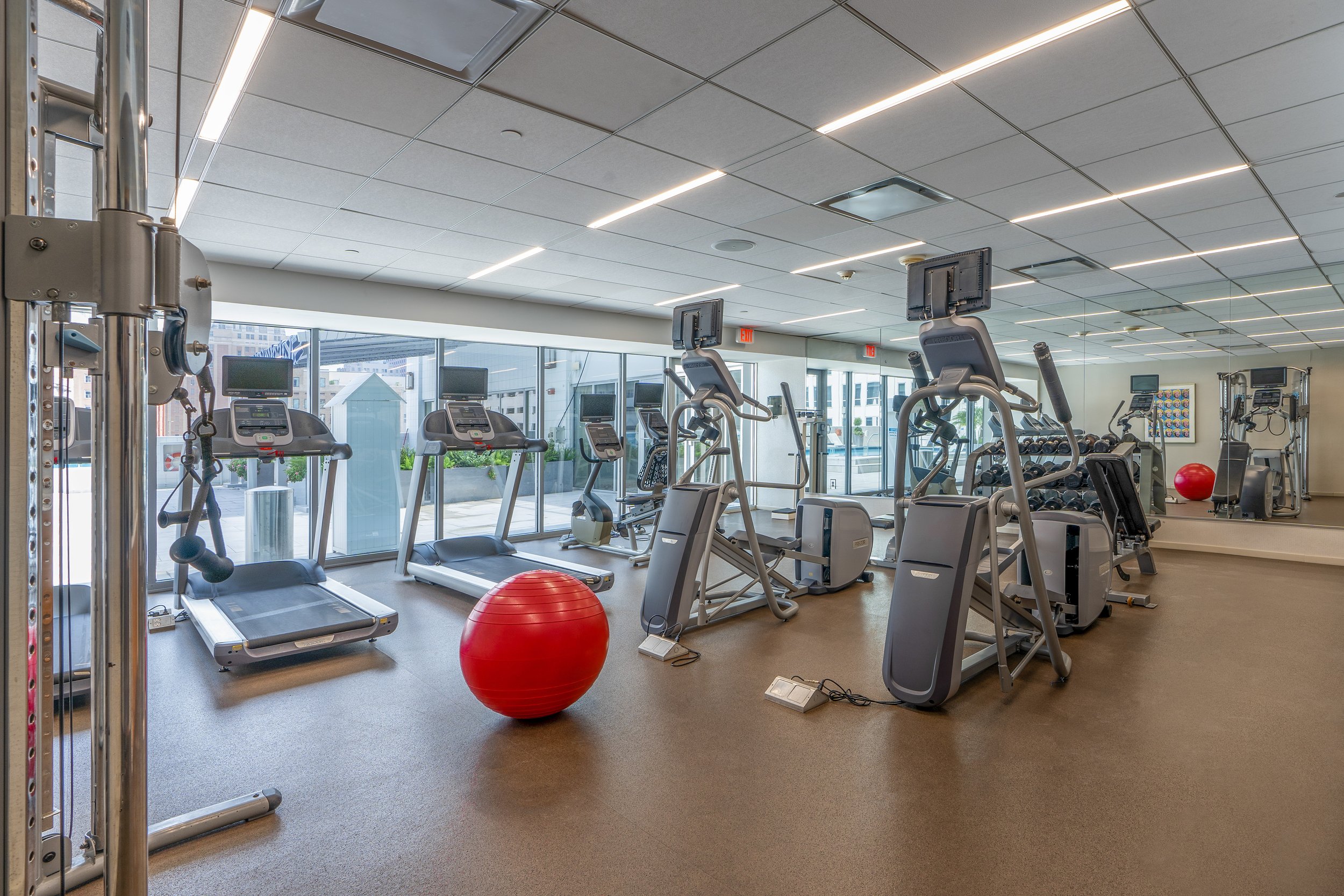 Modern gym interior with treadmills, elliptical machines, red exercise ball, and free weights in front of mirrors.
