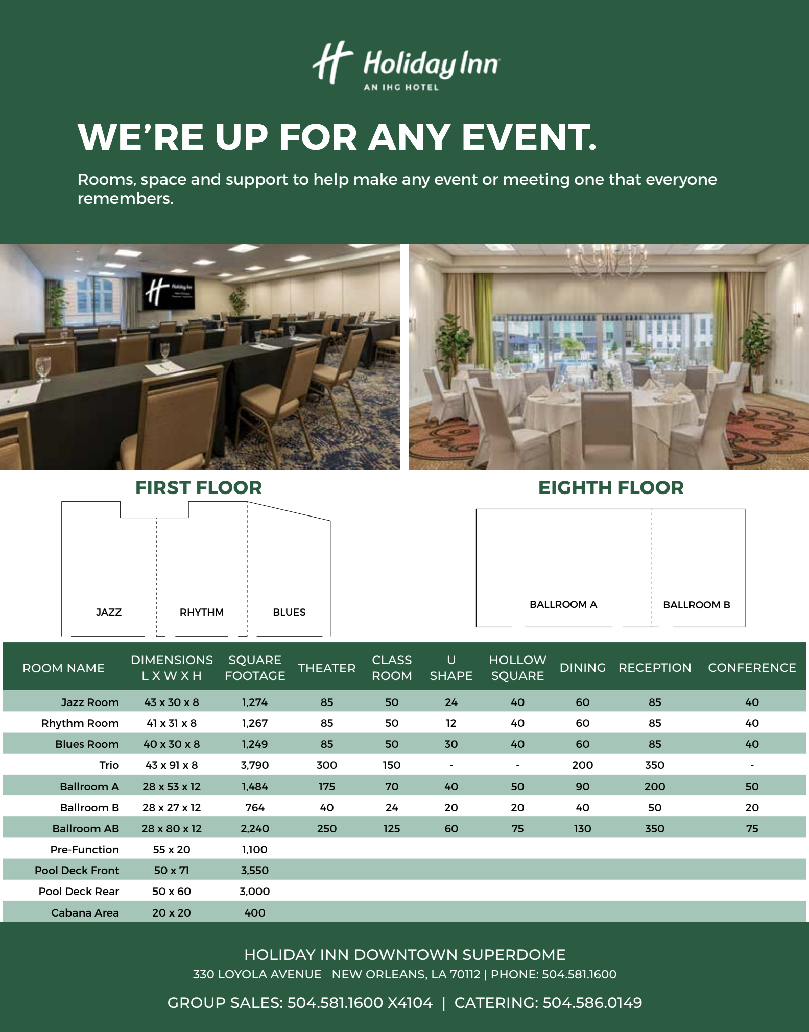 Advertisement for Holiday Inn Downtown Superdome, showcasing meeting rooms and event spaces. Features layout, room dimensions, and seating capacities for various configurations such as theater, classroom, and reception. Includes contact information for booking and catering.