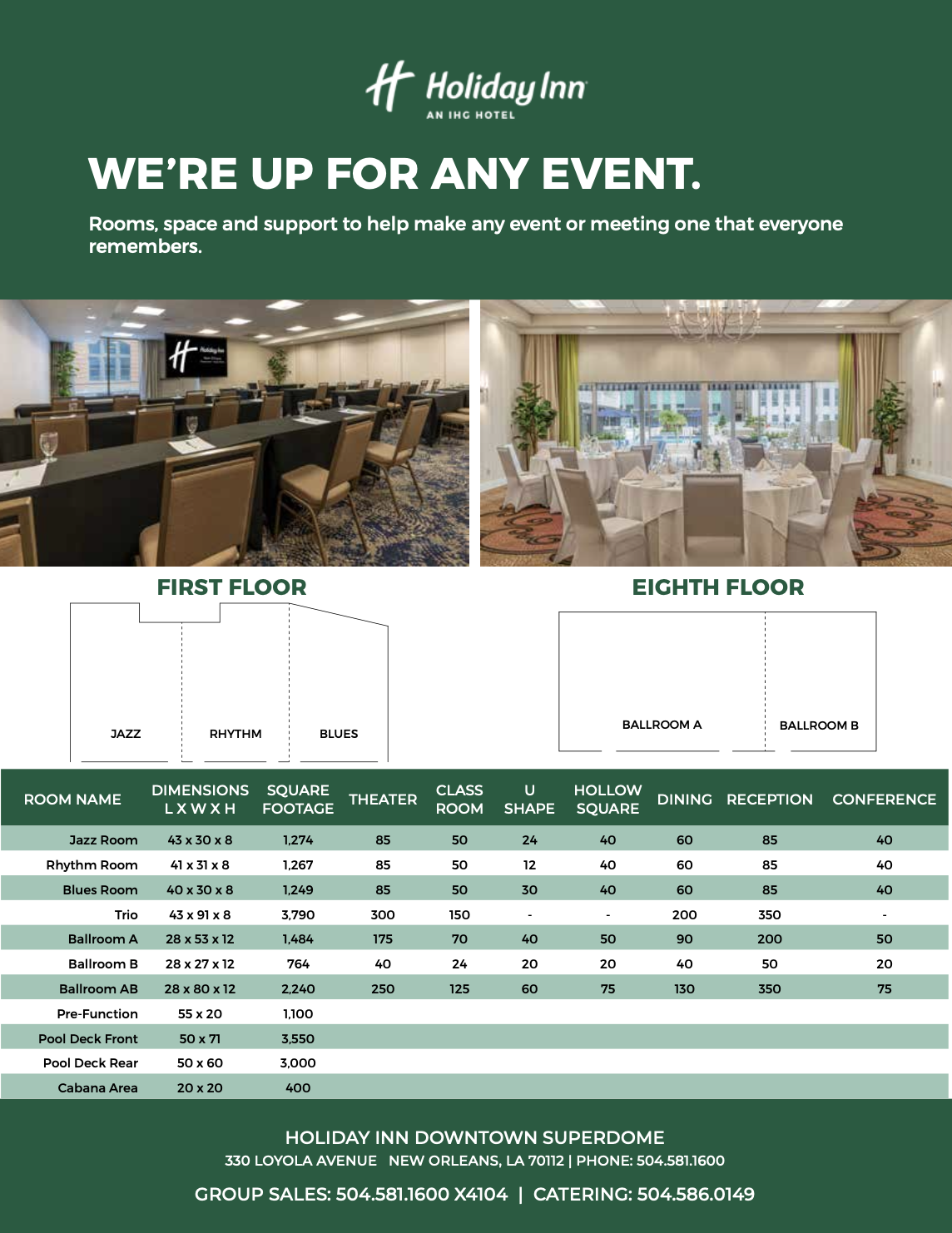 Event and meeting space brochure for Holiday Inn Downtown Superdome in New Orleans, showcasing room layouts and capacities for different setups on the first and eighth floors.